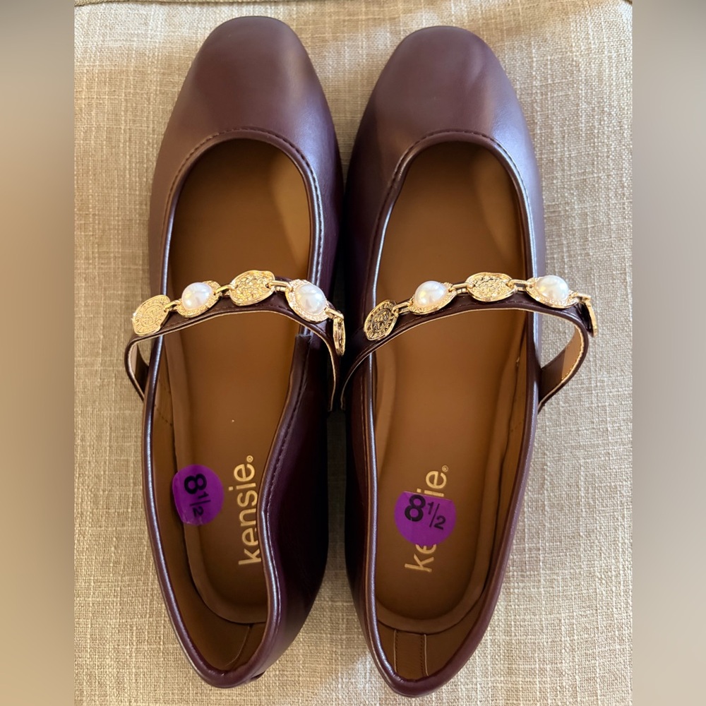 Kensie Women's Deep Brown Flats with Gold and Pearl Details